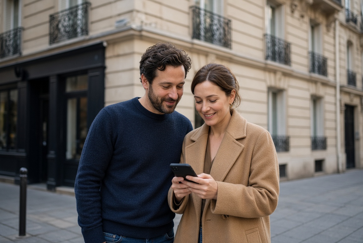Un couple consulte un rapport sur un téléphone, devant un
                immeuble.